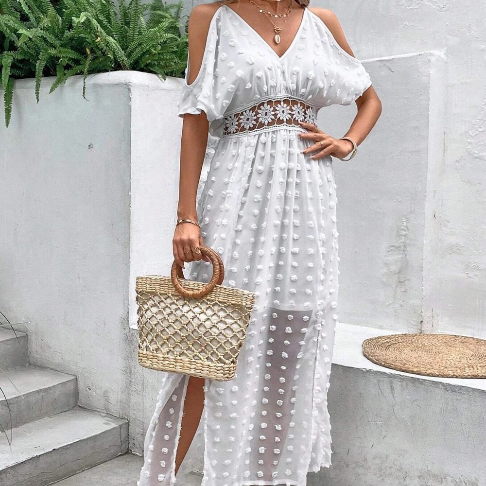 White Boho Womens Swiss Dot Cold Shoulder Split Thigh Dress - Picture 3 of 5